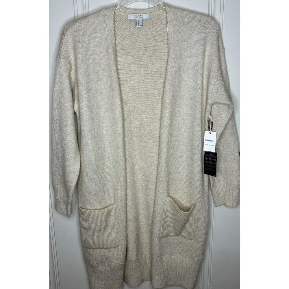 NWT Womens Long Cardigan Sweater Size M Beige Pockets Classic Relaxed Open Front